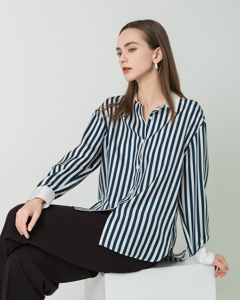 Women Relaxed Stripe Silk Shirt, Black and White