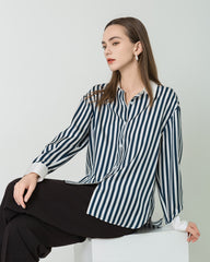 Women Relaxed Stripe Silk Shirt, Black and White