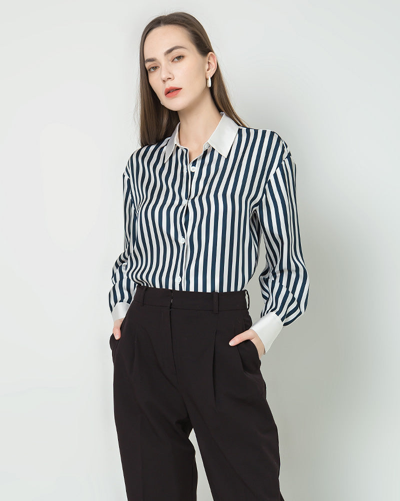 Women Relaxed Stripe Silk Shirt, Black and White