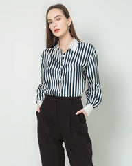 Women Relaxed Stripe Silk Shirt, Black and White