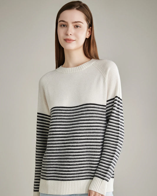Striped Crew Neck Cashmere Sweater, White And Black