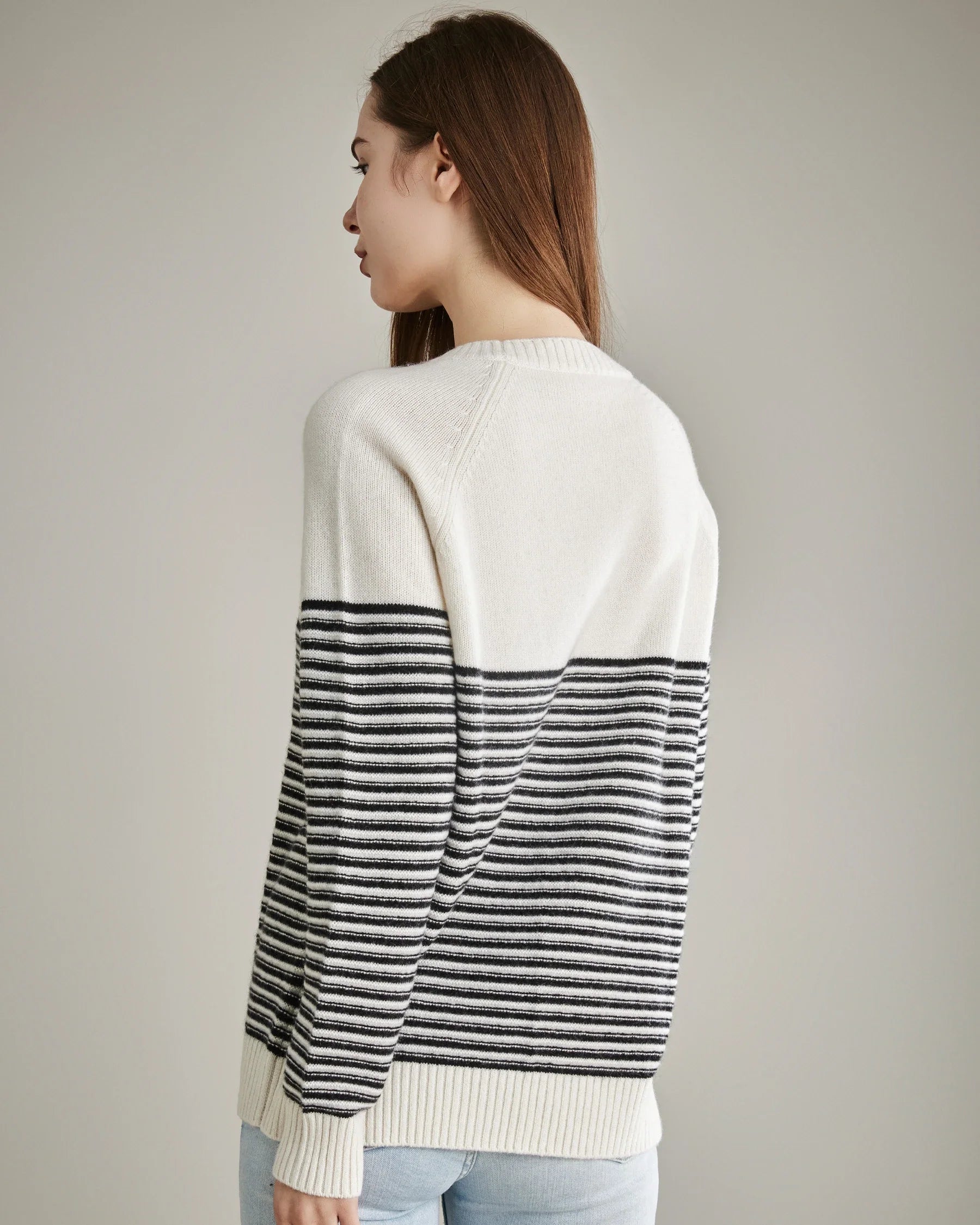 Striped Crew Neck Cashmere Sweater, White And Black