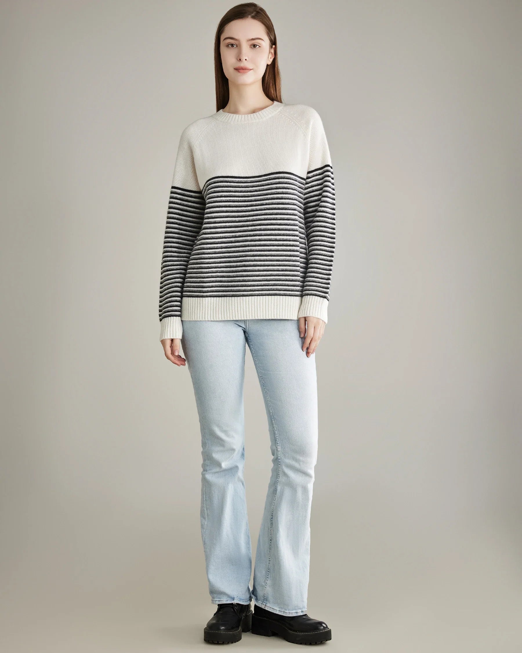 Striped Crew Neck Cashmere Sweater, White And Black