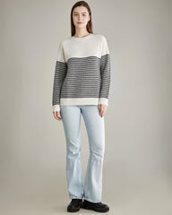 Striped Crew Neck Cashmere Sweater, White And Black
