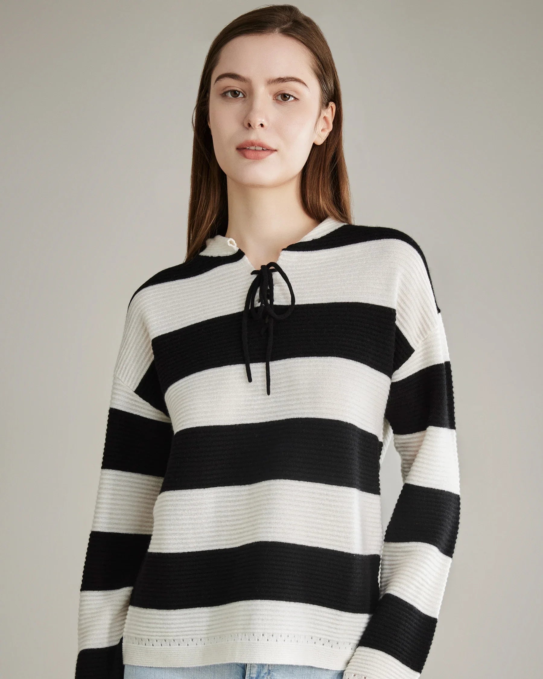 Striped Lace Up Cashmere Sweater, Black and White