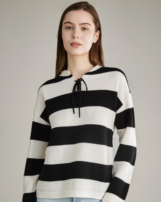 Striped Lace Up Cashmere Sweater, Black and White