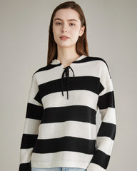 Striped Lace Up Cashmere Sweater, Black and White