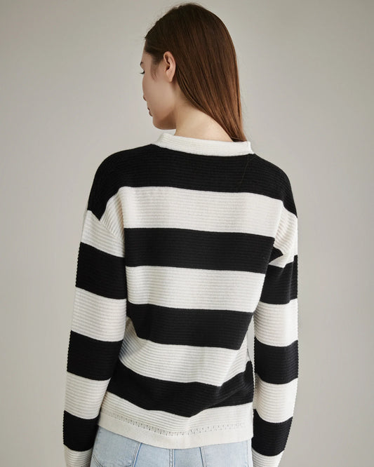 Striped Lace Up Cashmere Sweater, Black and White