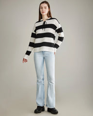 Striped Lace Up Cashmere Sweater, Black and White
