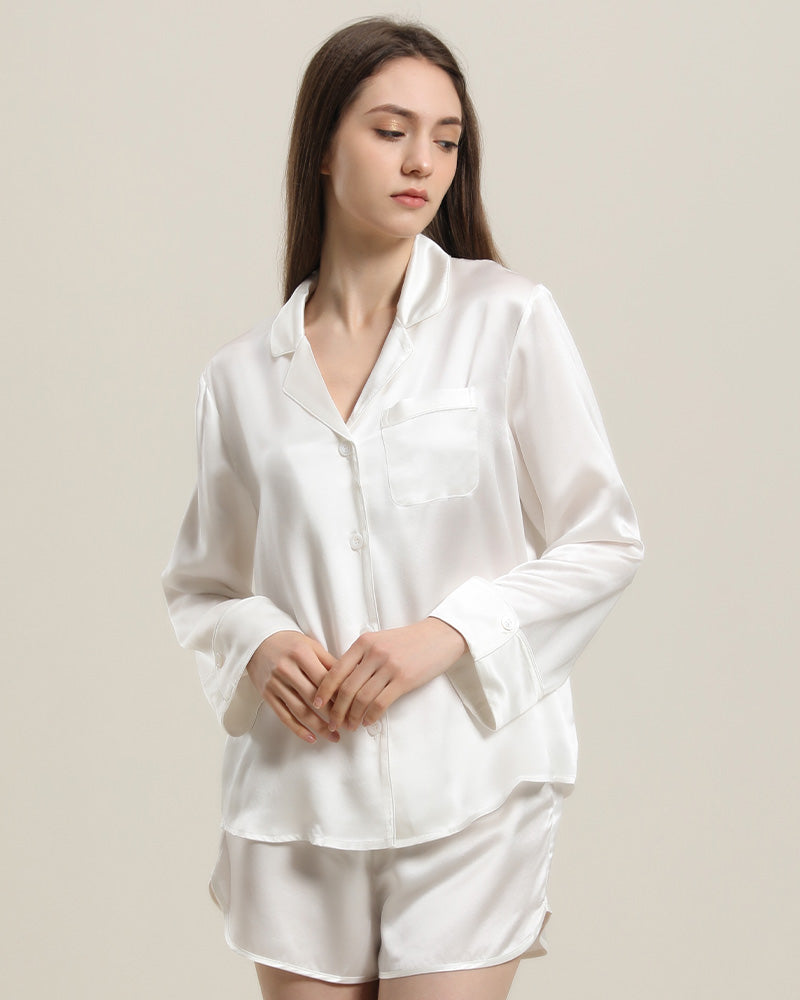 Relax Silk Shirt Shorts Pajamas Set, White
