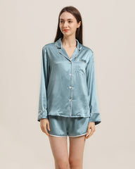 Relax Silk Shirt Shorts Pajamas Set, Blue
