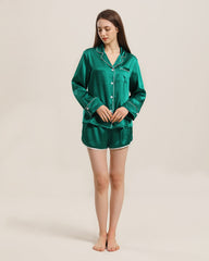 Relax Silk Shirt Shorts Pajamas Set, Dark Green