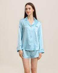 Relax Silk Shirt Shorts Pajamas Set, Sky Blue