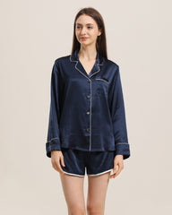 Relax Silk Shirt Shorts Pajamas Set, Navy