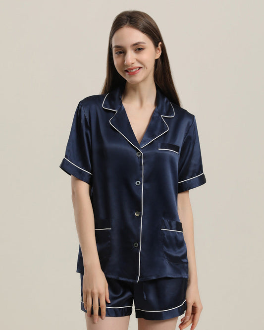 Button Up Silk Short Pajama Set Navy