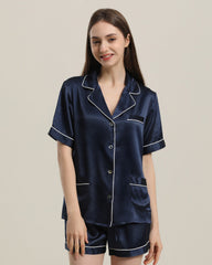 Button Up Silk Short Pajama Set Navy