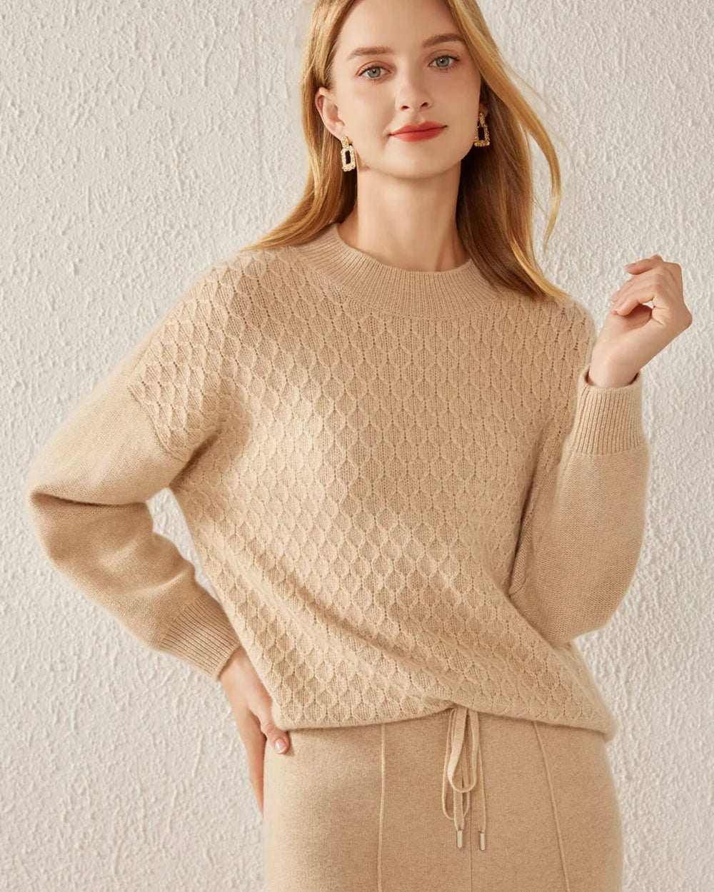 Textured Knit Pattern Cashmere Sweater, Camel
