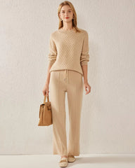 Textured Knit Pattern Cashmere Sweater, Camel