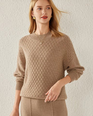 Textured Knit Pattern Cashmere Sweater, Dark Camel
