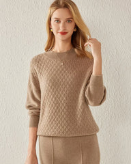Textured Knit Pattern Cashmere Sweater, Dark Camel
