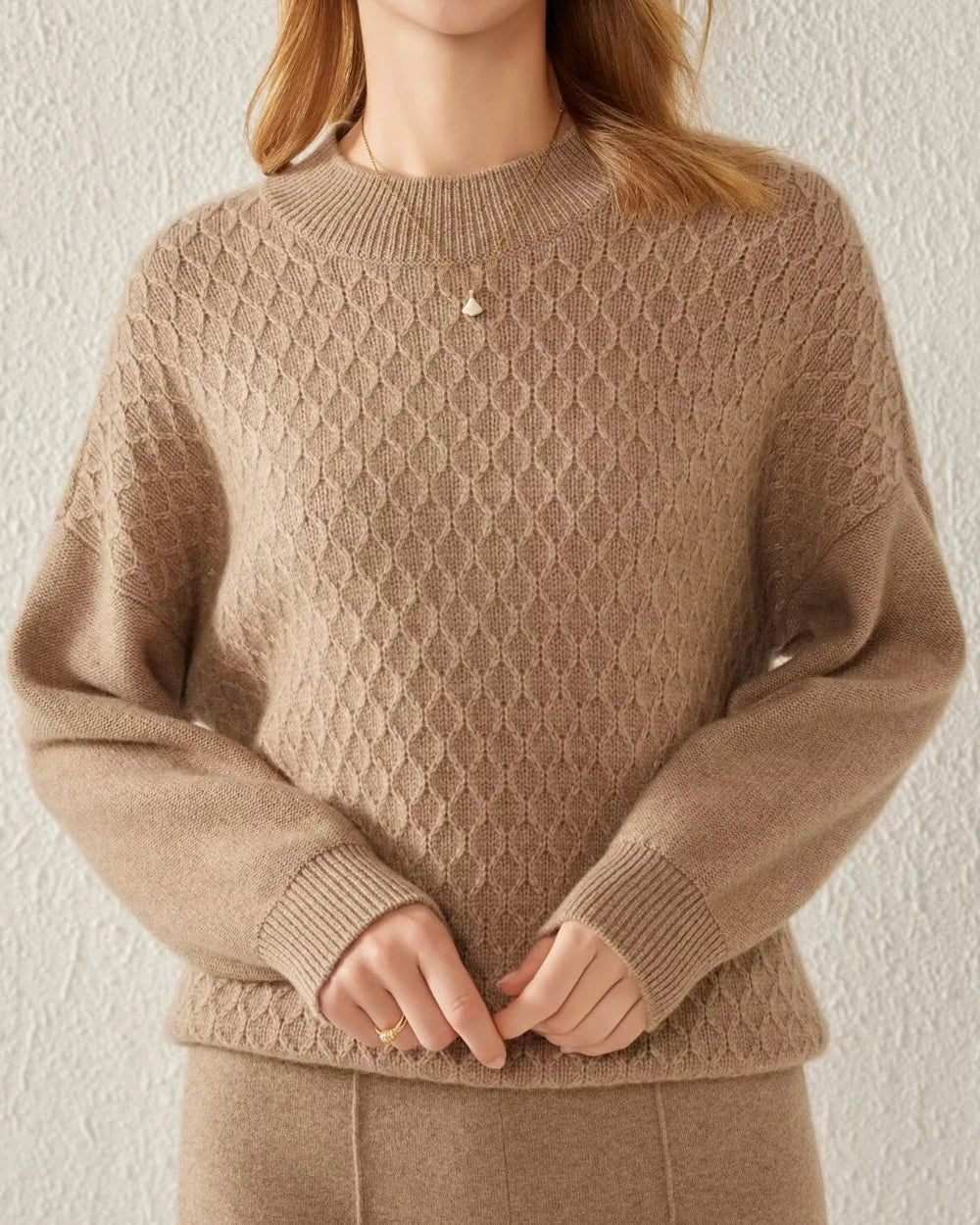 Textured Knit Pattern Cashmere Sweater, Dark Camel