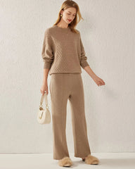 Textured Knit Pattern Cashmere Sweater, Dark Camel