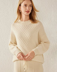 Textured Knit Pattern Cashmere Sweater, White