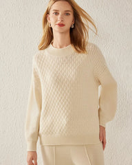 Textured Knit Pattern Cashmere Sweater, White