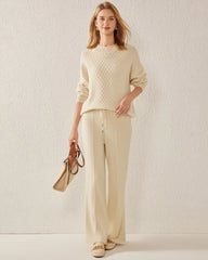 Textured Knit Pattern Cashmere Sweater, White