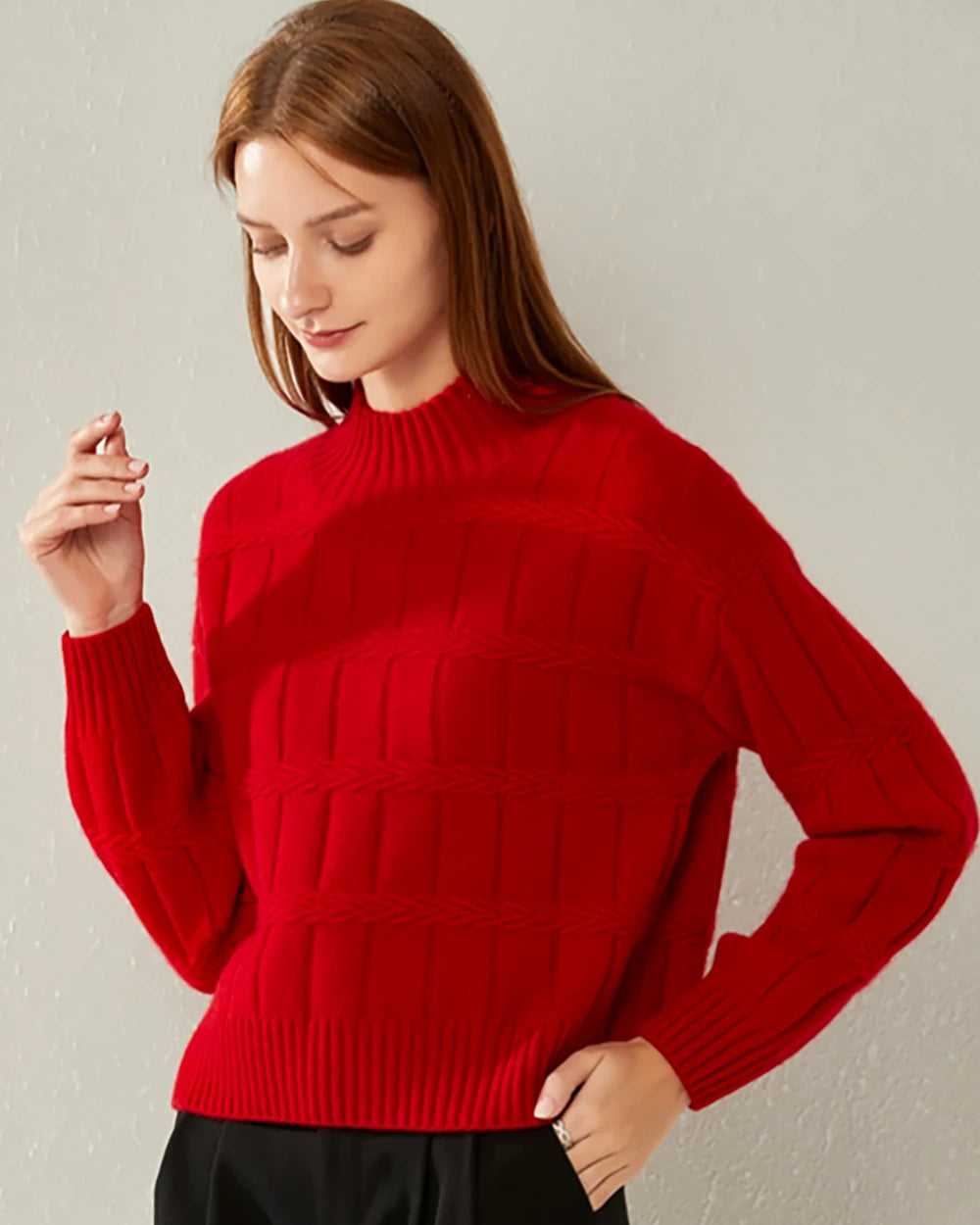 Textured Mock Neck Cashmere Sweater, Red