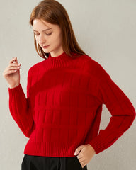 Textured Mock Neck Cashmere Sweater, Red