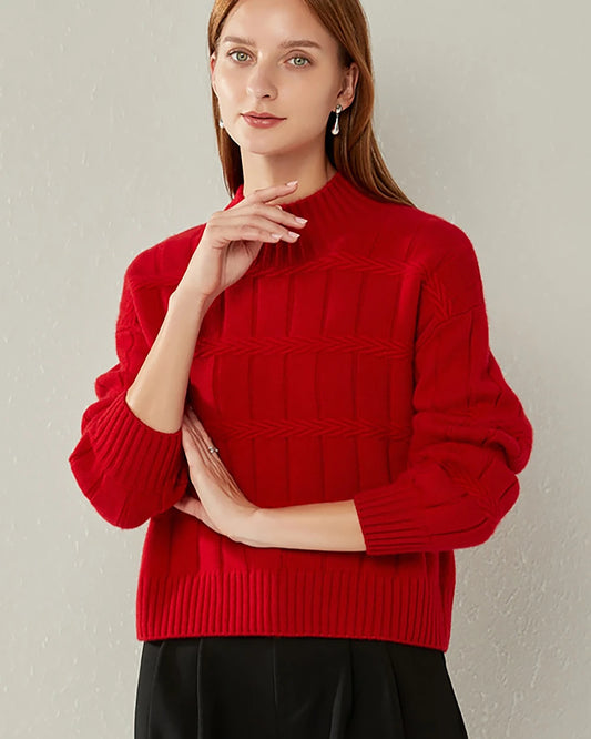 Textured Mock Neck Cashmere Sweater, Red