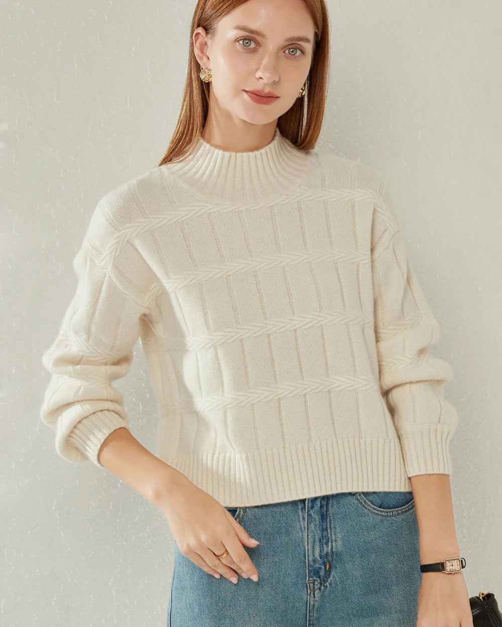 Textured Mock Neck Cashmere Sweater, White