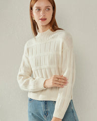 Textured Mock Neck Cashmere Sweater, White