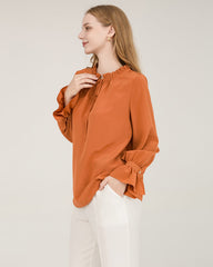 Tie Neck Silk Shirt With Ruffle Details
