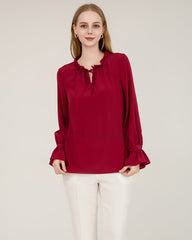 Tie Neck Silk Shirt With Ruffle Details