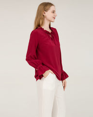 Tie Neck Silk Shirt With Ruffle Details