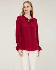 Tie Neck Silk Shirt With Ruffle Details
