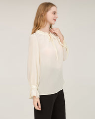 Tie Neck Silk Shirt With Ruffle Details