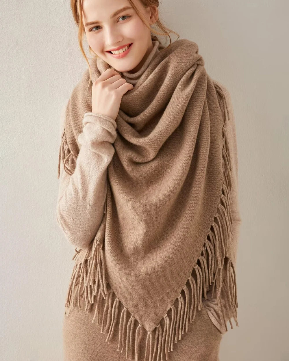 Triangular Tassel Cashmere Scarf, Camel