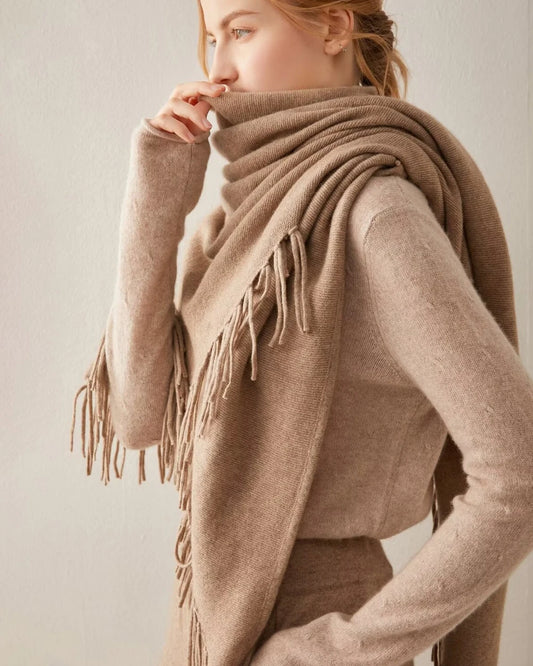Triangular Tassel Cashmere Scarf, Camel