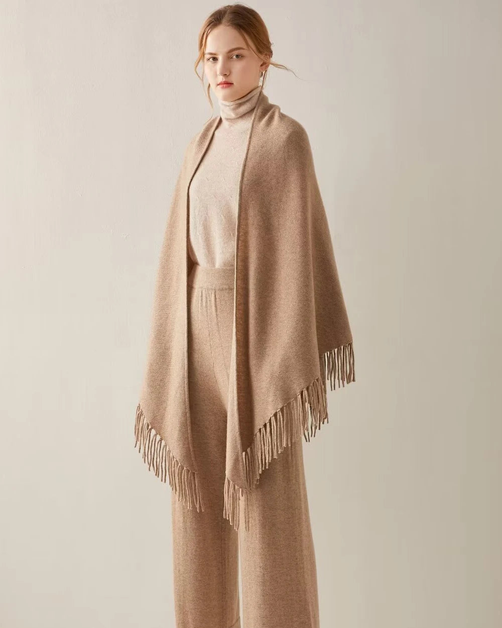 Triangular Tassel Cashmere Scarf, Camel