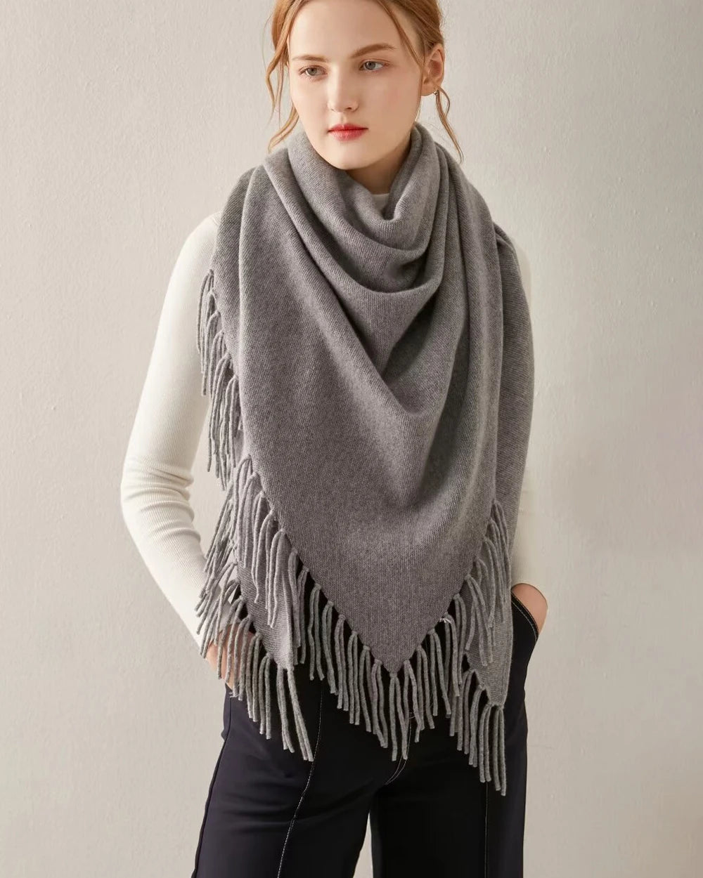Triangular Tassel Cashmere Scarf, Grey