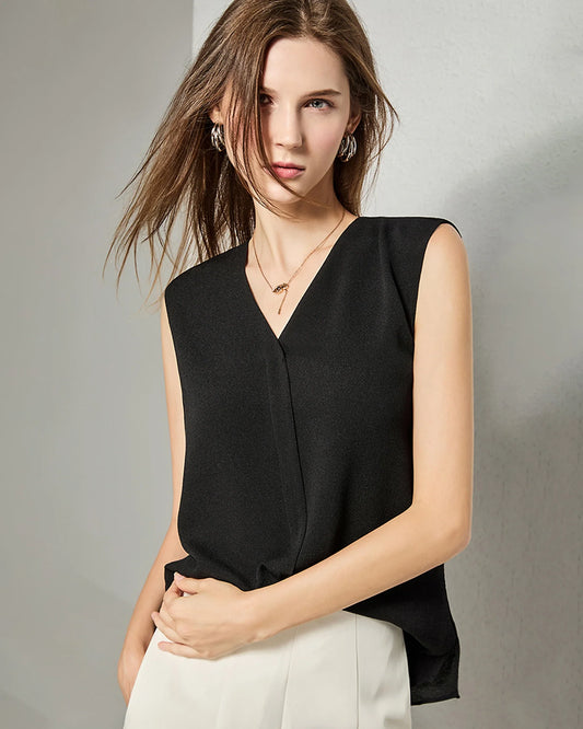 Split V-neck Sleeveless Silk Top, Black