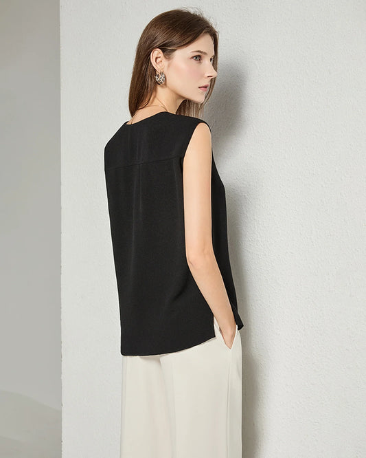 Split V-neck Sleeveless Silk Top, Black