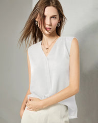 Split V-neck Sleeveless Silk Top, White