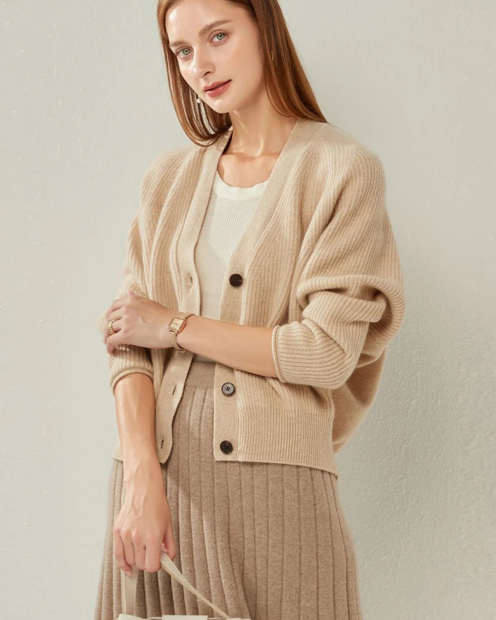 V Neck Cashmere Cardigan, Camel