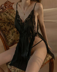 V-neck Backless Silk Nightdress, Black