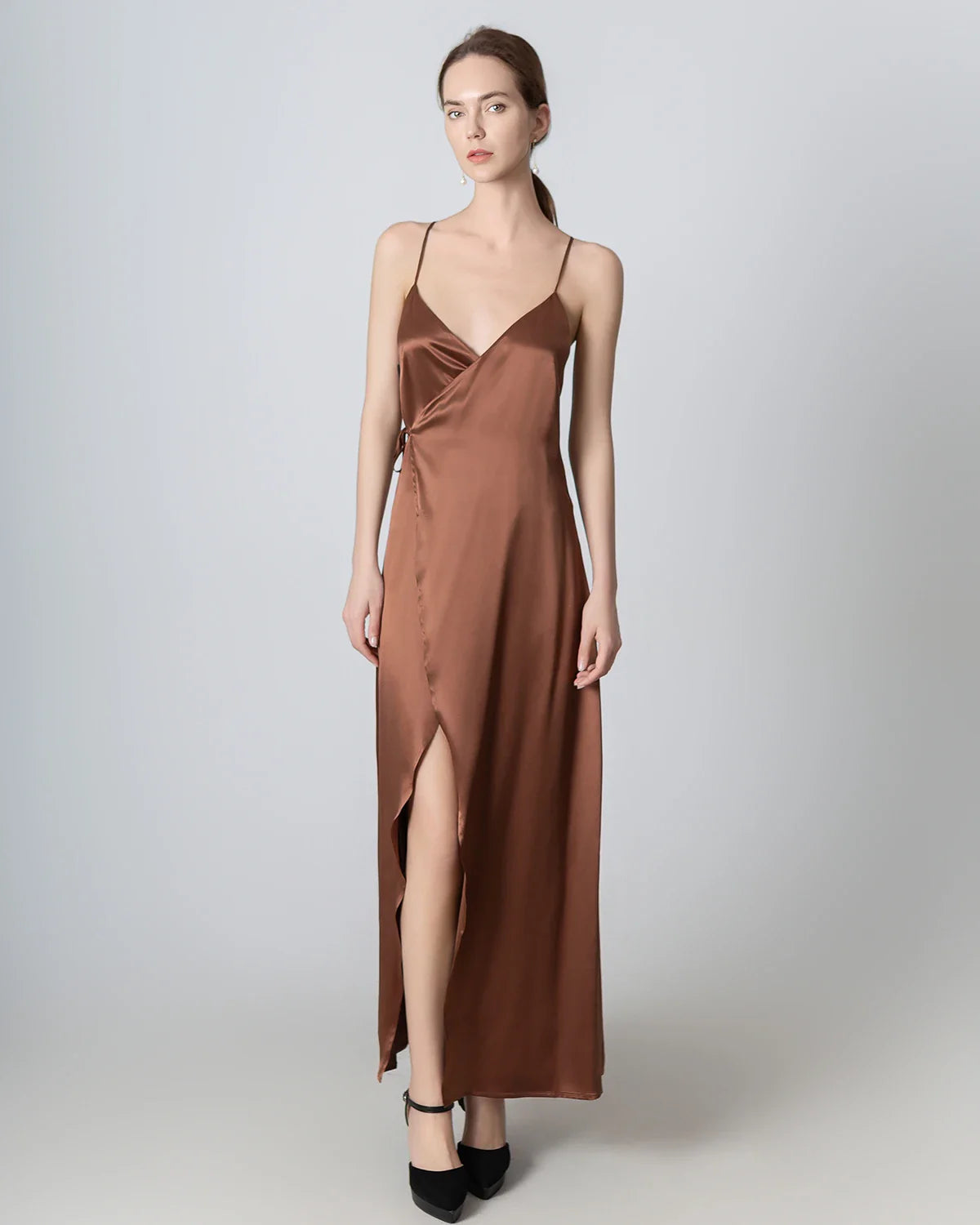 V-neck Backless Wrap Maxi Silk Dress, Brown