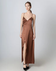 V-neck Backless Wrap Maxi Silk Dress, Brown